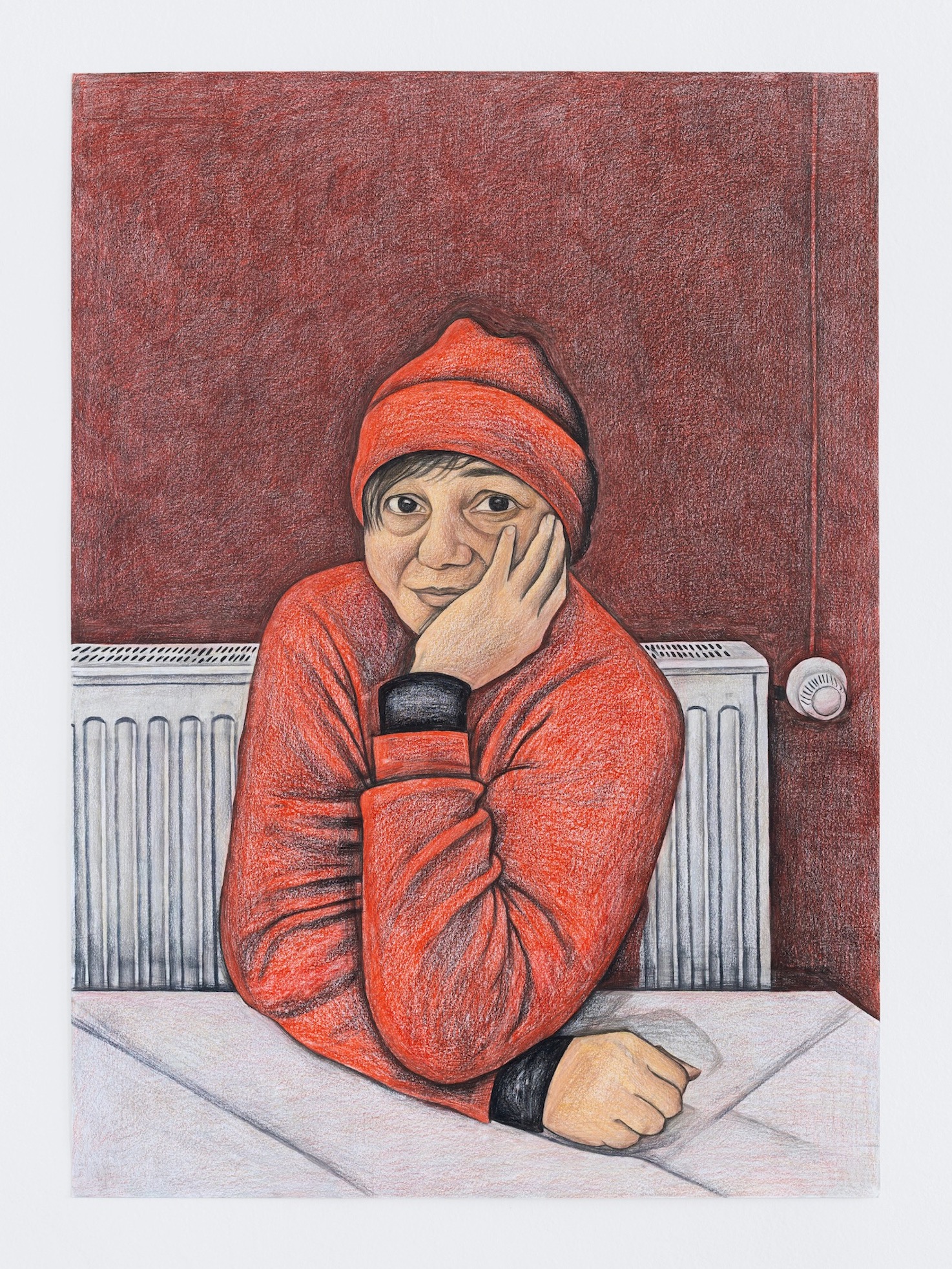 Katja with Heating, 2025, coloured pencil on paper, 65 x 90,5 cm